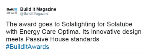 Build It Magazine tweet Solatube Energy Care Optima as a Build It Award winner 2016 on Twitter