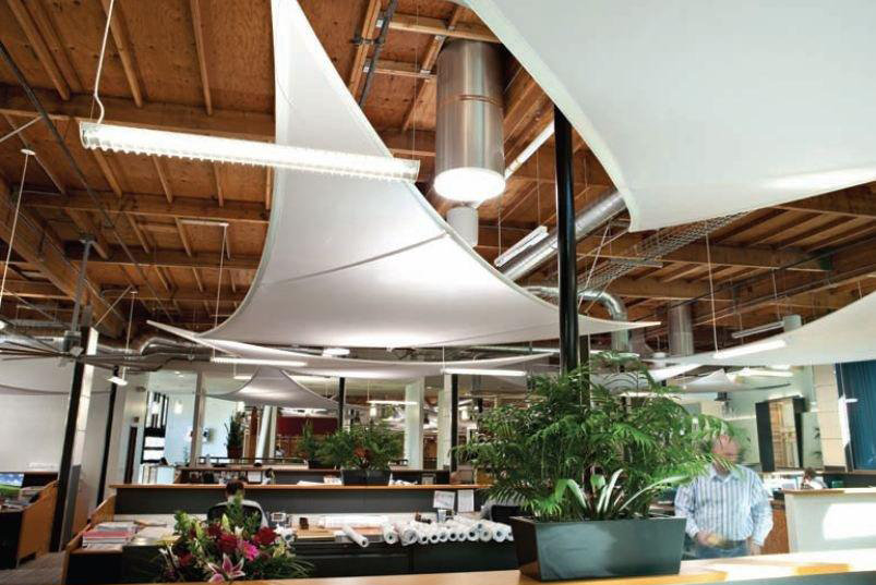 Ceiling sails brightening the room below using a daylighting system